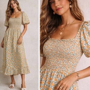 J. Crew Orange and Green Fruit-Print Smocked Dress